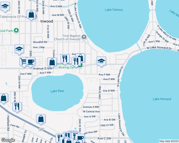 map of restaurants, bars, coffee shops, grocery stores, and more near 615 24th Street Northwest in Winter Haven