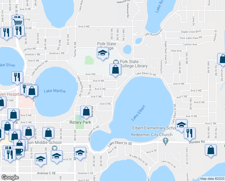 map of restaurants, bars, coffee shops, grocery stores, and more near 1004 Avenue G Northeast in Winter Haven