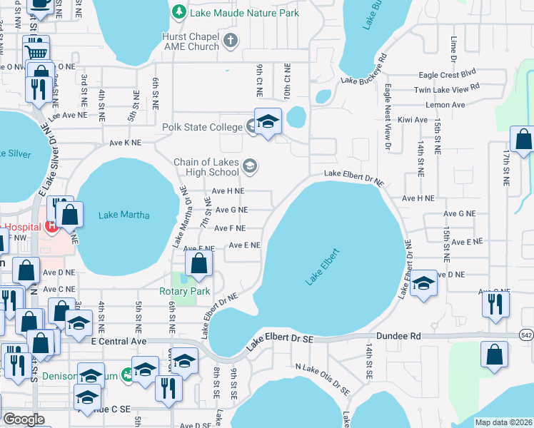 map of restaurants, bars, coffee shops, grocery stores, and more near 633 West Lake Elbert Drive Northeast in Winter Haven