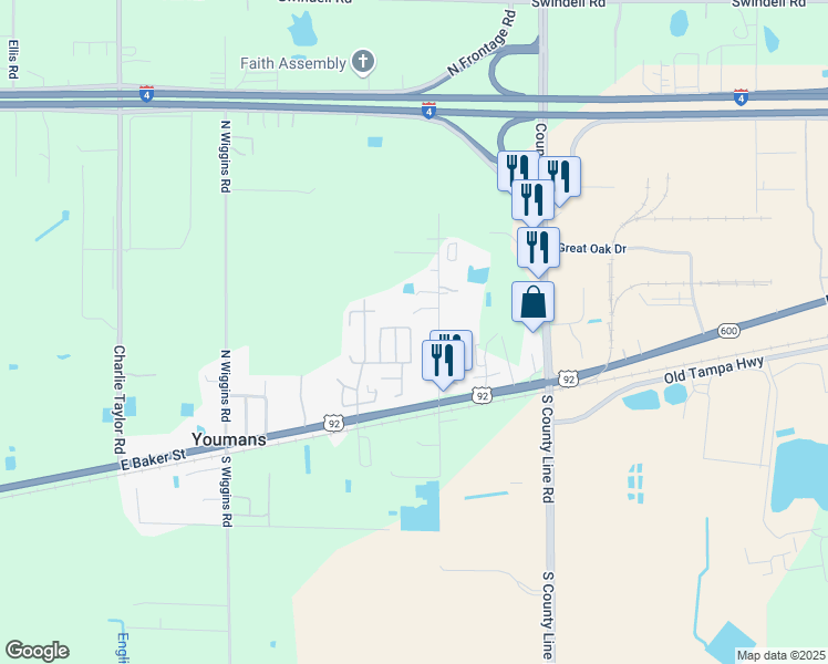 map of restaurants, bars, coffee shops, grocery stores, and more near 4049 Canary Palm Circle in Plant City