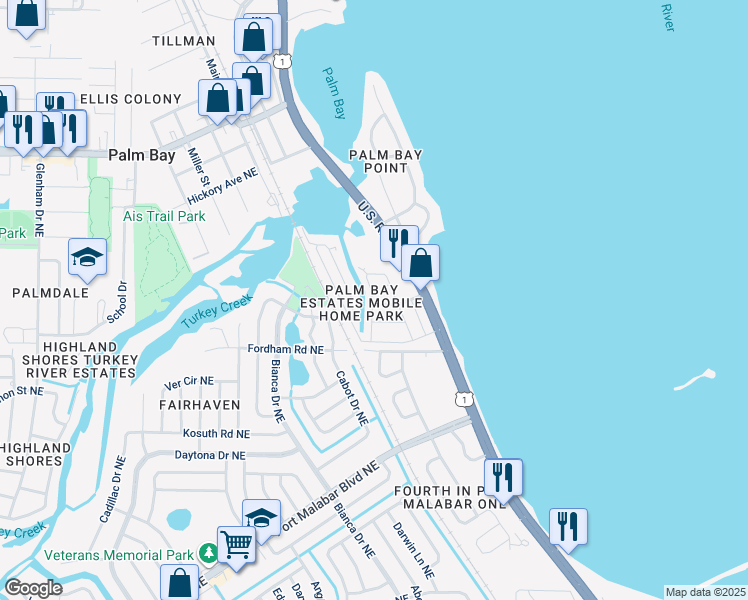 map of restaurants, bars, coffee shops, grocery stores, and more near 3109 Deer Run Drive Northeast in Palm Bay