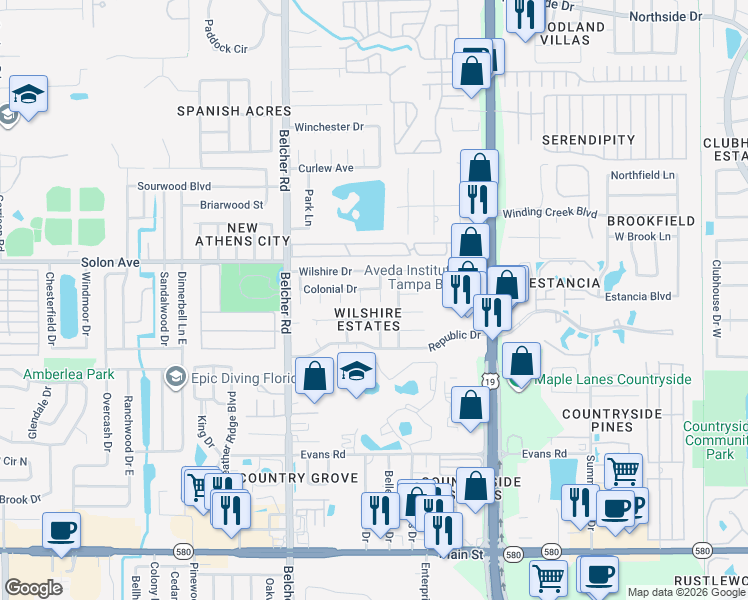map of restaurants, bars, coffee shops, grocery stores, and more near 2956 Palmetto Court in Dunedin