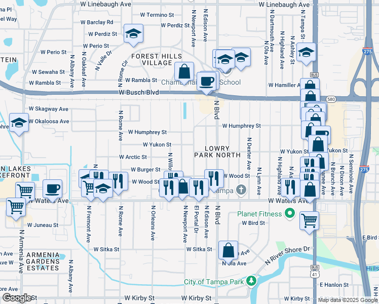 map of restaurants, bars, coffee shops, grocery stores, and more near 8526 El Portal Drive in Tampa