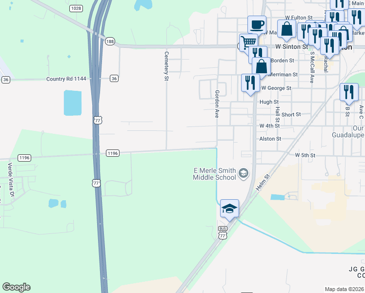 map of restaurants, bars, coffee shops, grocery stores, and more near 900 County Road 1196 in Sinton