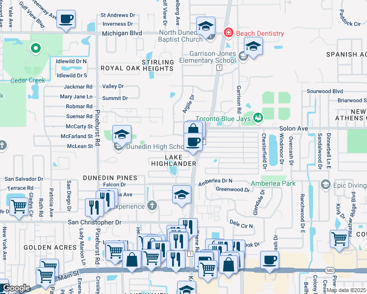 map of restaurants, bars, coffee shops, grocery stores, and more near 245 Mary Circle East in Dunedin