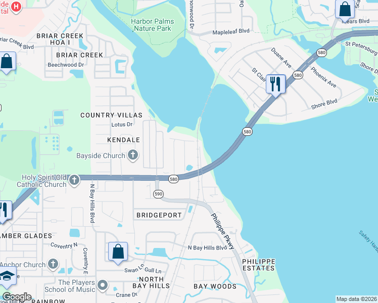 map of restaurants, bars, coffee shops, grocery stores, and more near 2953 Shore Drive in Safety Harbor