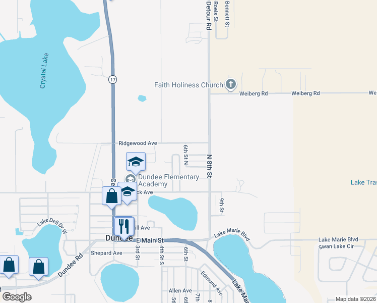 map of restaurants, bars, coffee shops, grocery stores, and more near 604 6th Street North in Dundee