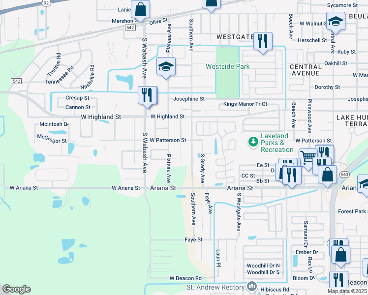 map of restaurants, bars, coffee shops, grocery stores, and more near 1111 South Terry Avenue in Lakeland