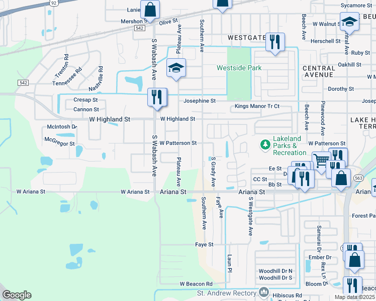 map of restaurants, bars, coffee shops, grocery stores, and more near 1111 South Terry Avenue in Lakeland