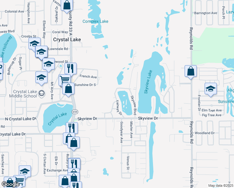 map of restaurants, bars, coffee shops, grocery stores, and more near 1230 Fairway Drive in Lakeland