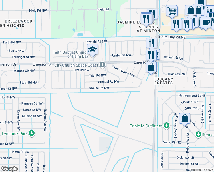 map of restaurants, bars, coffee shops, grocery stores, and more near 353 Rheine Road Northwest in Palm Bay