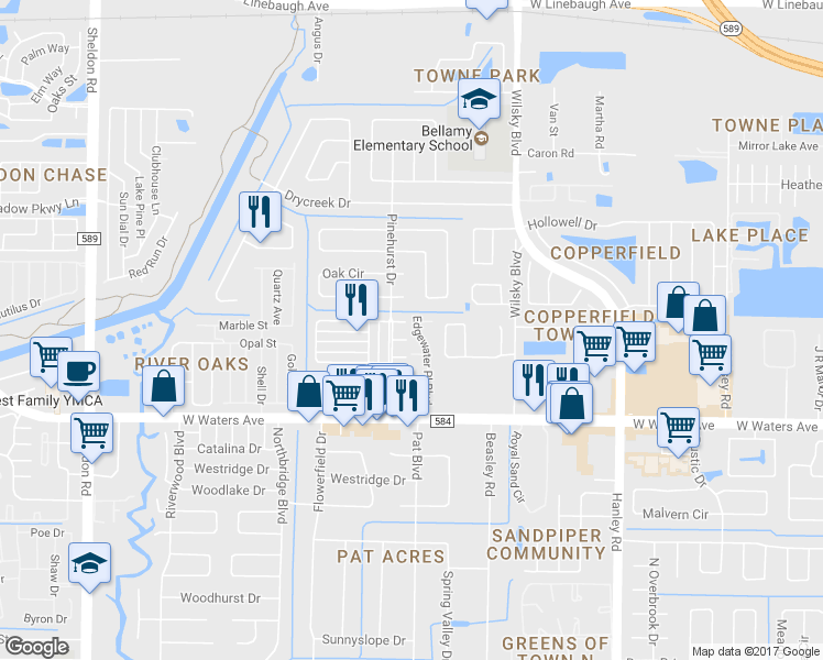 map of restaurants, bars, coffee shops, grocery stores, and more near 8536 Edgewater Place Boulevard in Tampa