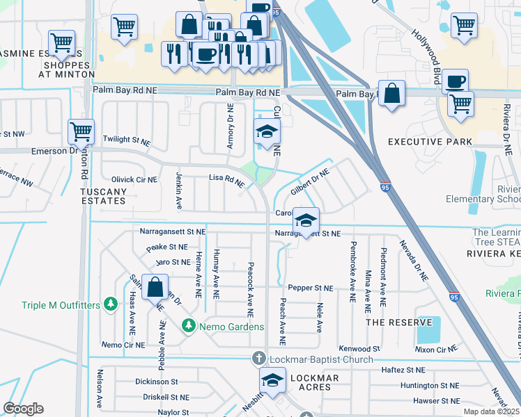 map of restaurants, bars, coffee shops, grocery stores, and more near 461 Carol Drive Northeast in Palm Bay