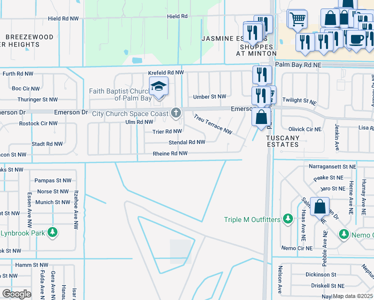 map of restaurants, bars, coffee shops, grocery stores, and more near 353 Rheine Road Northwest in Palm Bay