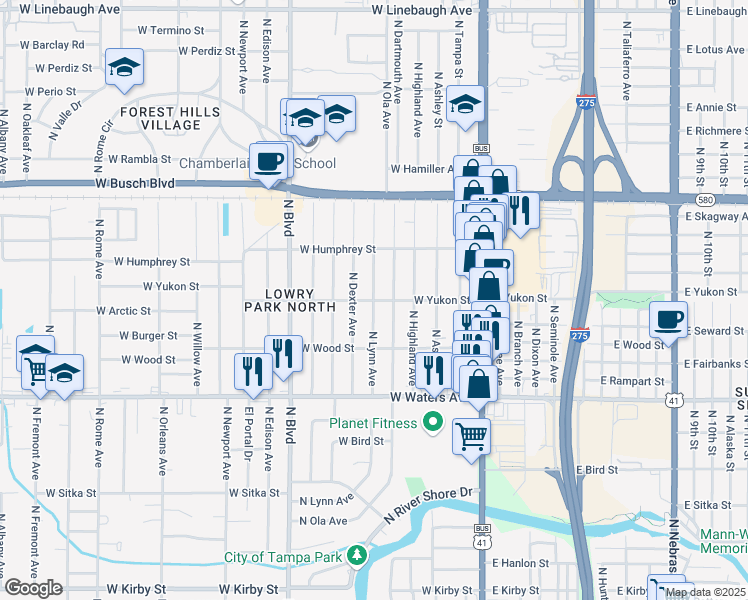 map of restaurants, bars, coffee shops, grocery stores, and more near 8701 North Lynn Avenue in Tampa