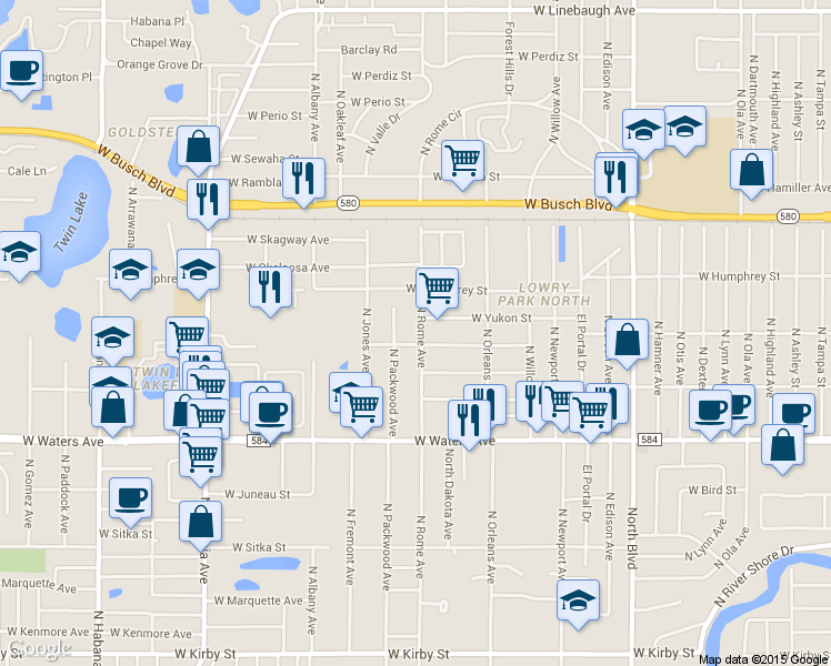 map of restaurants, bars, coffee shops, grocery stores, and more near 8618 North Rome Avenue in Tampa