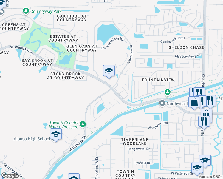 map of restaurants, bars, coffee shops, grocery stores, and more near 9742 Montague Street in Tampa