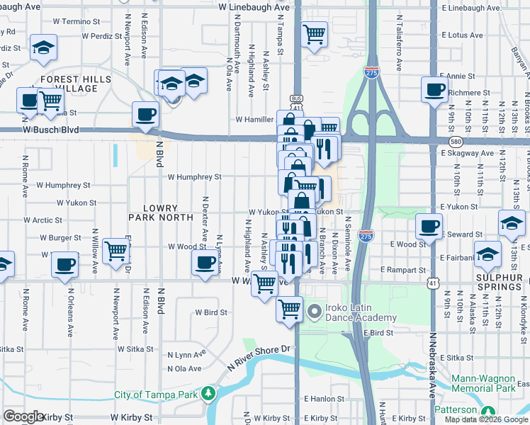 map of restaurants, bars, coffee shops, grocery stores, and more near 207 West Yukon Street in Tampa