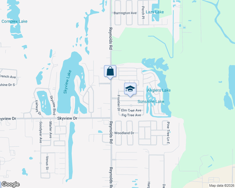 map of restaurants, bars, coffee shops, grocery stores, and more near 18 Frontier Drive in Lakeland
