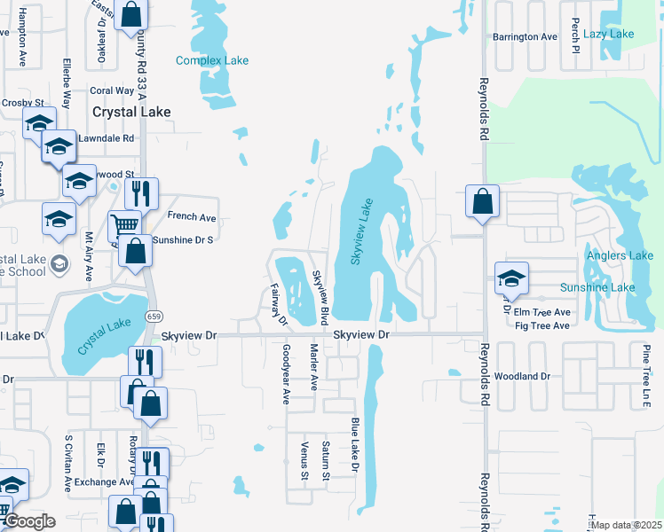 map of restaurants, bars, coffee shops, grocery stores, and more near 1214 Country Club Lane in Lakeland