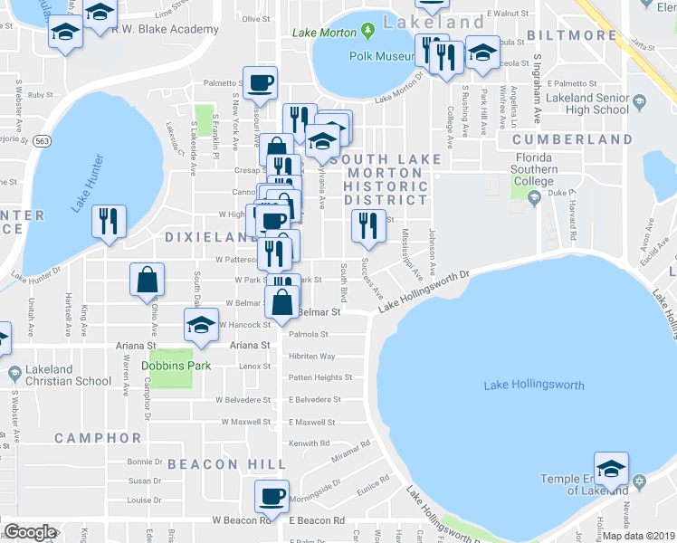 map of restaurants, bars, coffee shops, grocery stores, and more near 1061 South Boulevard in Lakeland