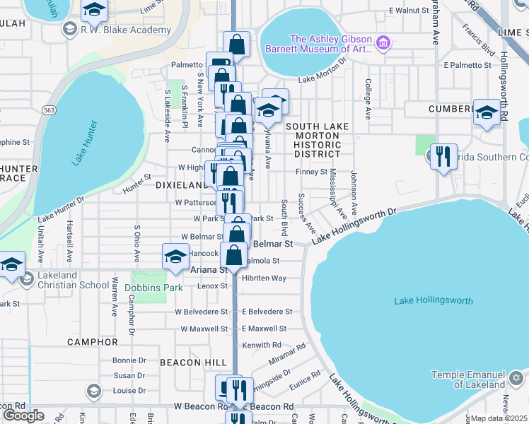 map of restaurants, bars, coffee shops, grocery stores, and more near 1062 South Tennessee Avenue in Lakeland