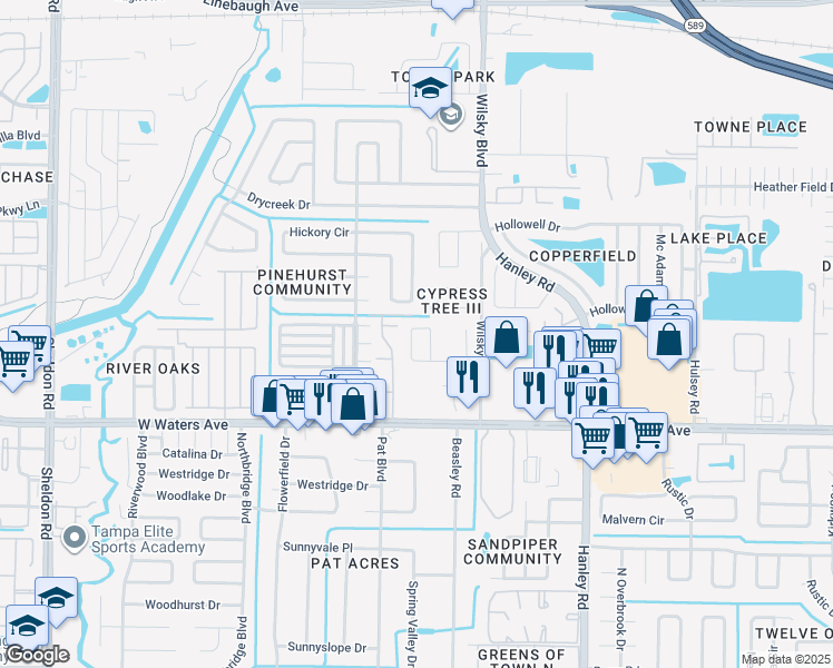 map of restaurants, bars, coffee shops, grocery stores, and more near 7735 Brettonwood Drive in Tampa