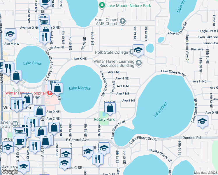 map of restaurants, bars, coffee shops, grocery stores, and more near 738 Lake Martha Drive Northeast in Winter Haven