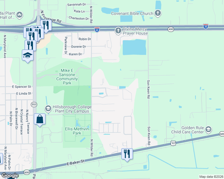 map of restaurants, bars, coffee shops, grocery stores, and more near 2812 Wilder Park Drive in Plant City