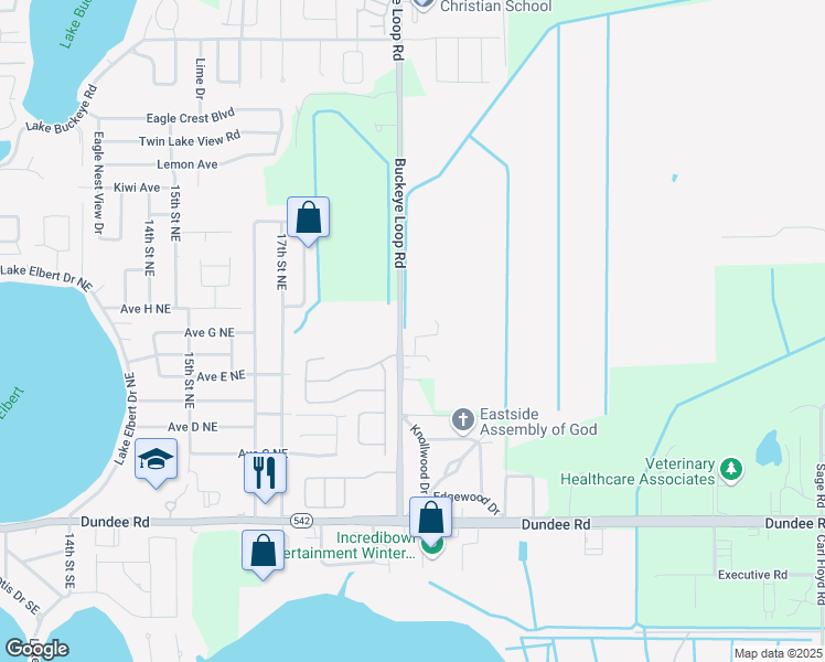 map of restaurants, bars, coffee shops, grocery stores, and more near 305 Oxford Drive Northeast in Winter Haven