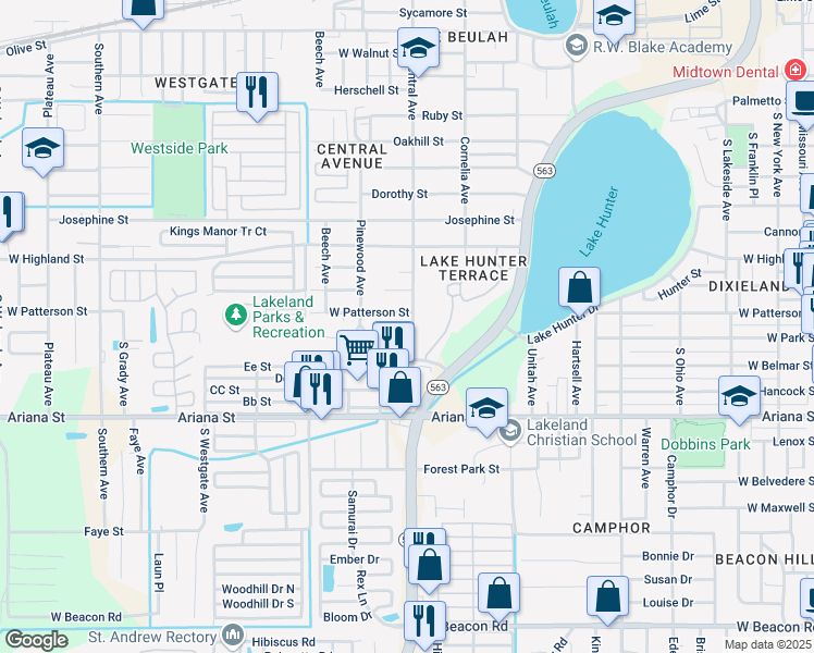 map of restaurants, bars, coffee shops, grocery stores, and more near 1113 South Central Avenue in Lakeland