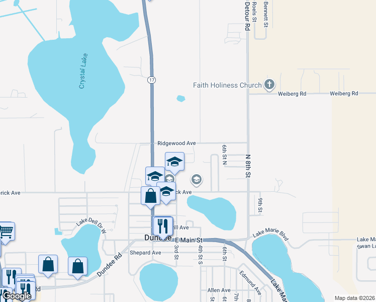 map of restaurants, bars, coffee shops, grocery stores, and more near 635 Valencia Court in Dundee