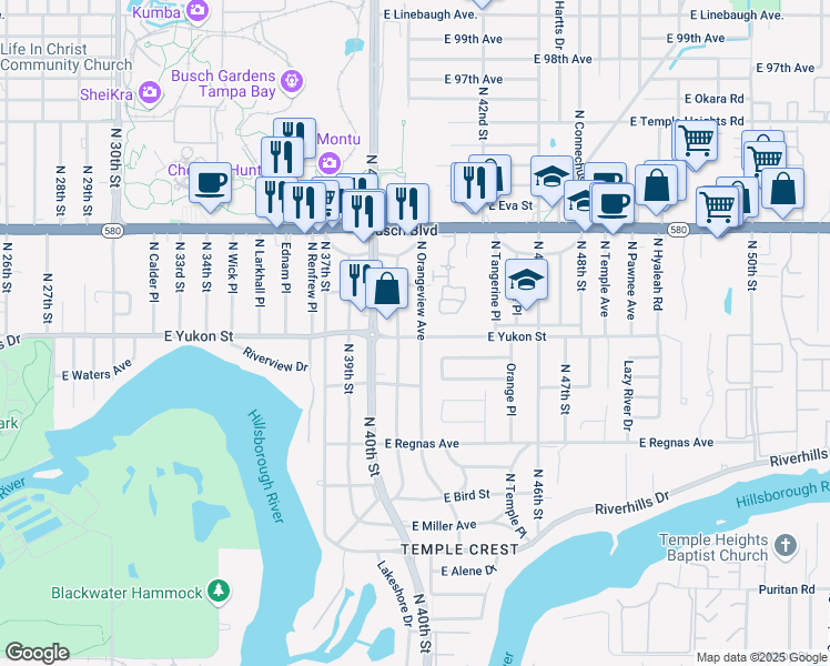 map of restaurants, bars, coffee shops, grocery stores, and more near 8702 North Orangeview Avenue in Tampa