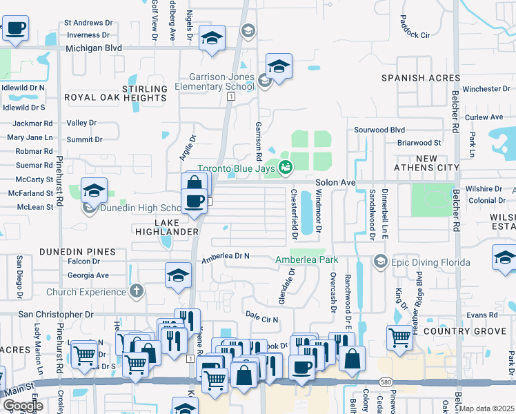 map of restaurants, bars, coffee shops, grocery stores, and more near 1668 Peaceful Lane in Dunedin