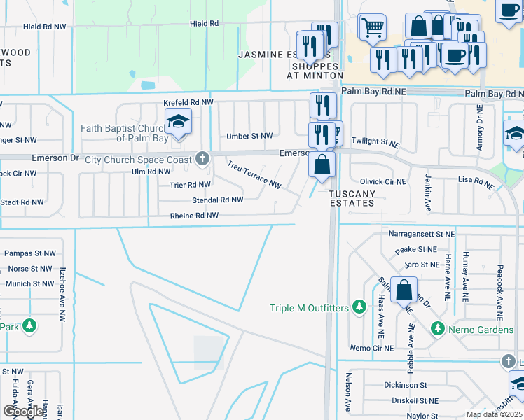 map of restaurants, bars, coffee shops, grocery stores, and more near 263 Rheine Road Northwest in Palm Bay