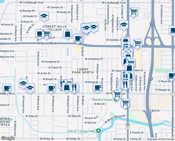 map of restaurants, bars, coffee shops, grocery stores, and more near 8700 North Hamner Avenue in Tampa