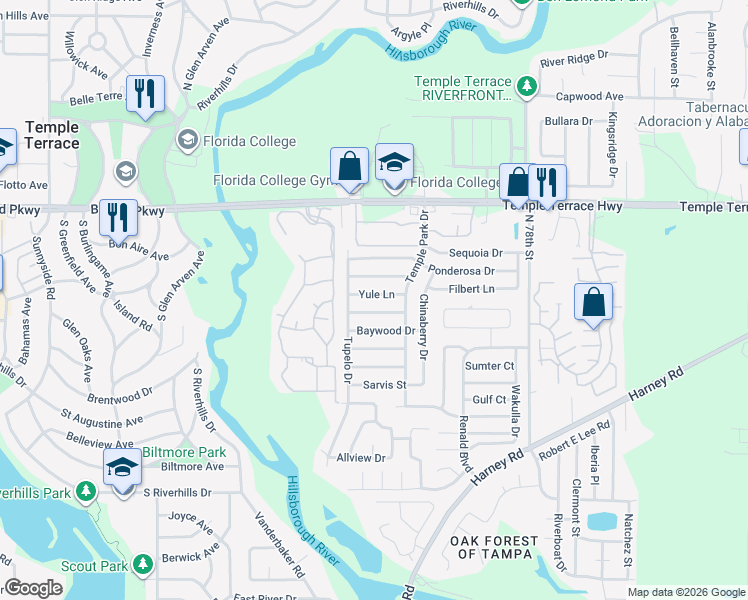 map of restaurants, bars, coffee shops, grocery stores, and more near 7011 Yule Lane in Tampa