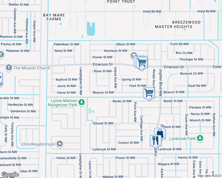 map of restaurants, bars, coffee shops, grocery stores, and more near 1213 Perry Avenue Northwest in Palm Bay