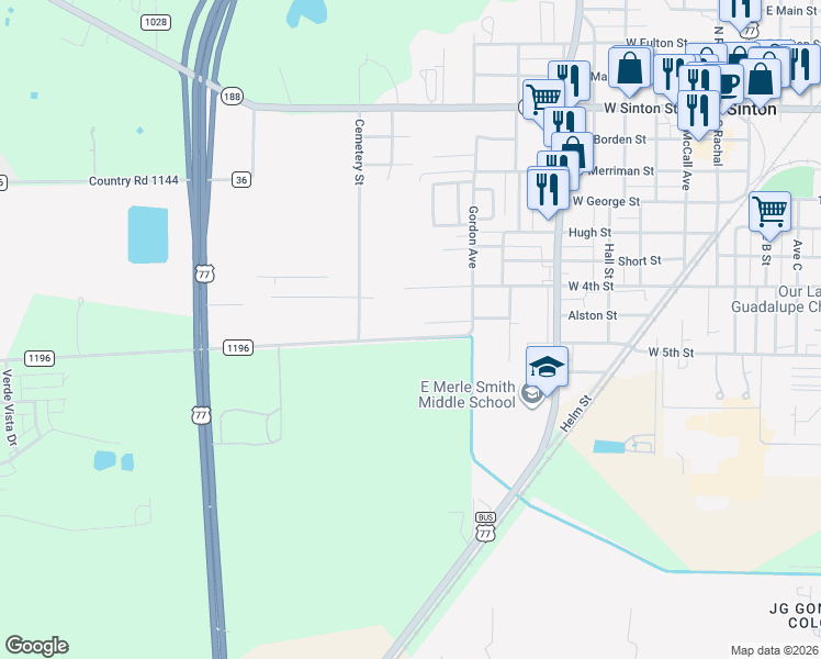 map of restaurants, bars, coffee shops, grocery stores, and more near 900 County Road 1196 in Sinton