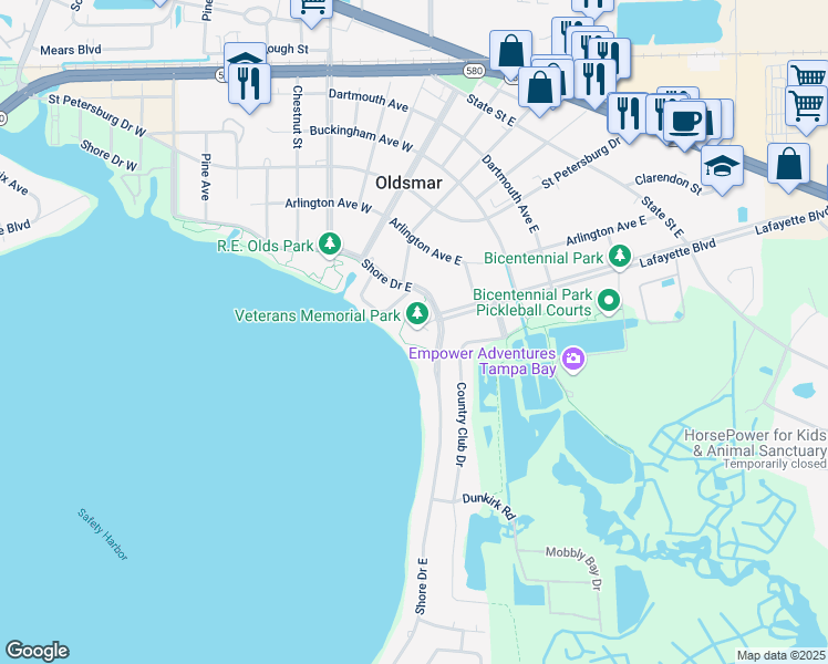 map of restaurants, bars, coffee shops, grocery stores, and more near 250 Shore Drive West in Oldsmar