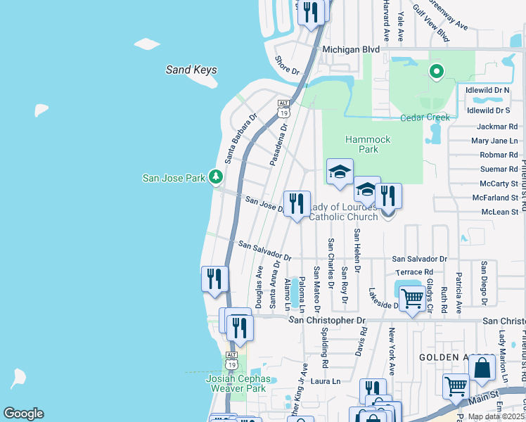 map of restaurants, bars, coffee shops, grocery stores, and more near 1665 Pasadena Drive in Dunedin