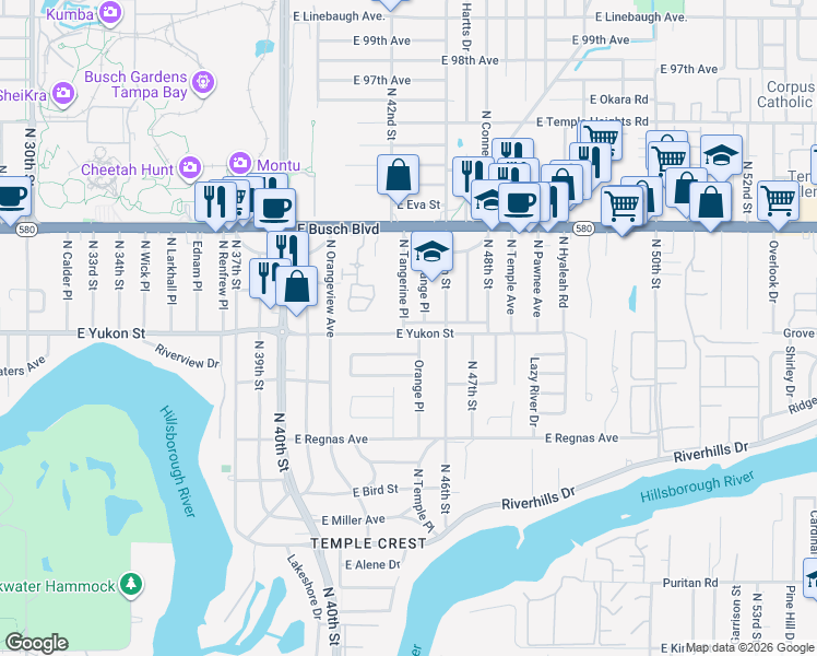 map of restaurants, bars, coffee shops, grocery stores, and more near 4230 East Yukon Street in Tampa