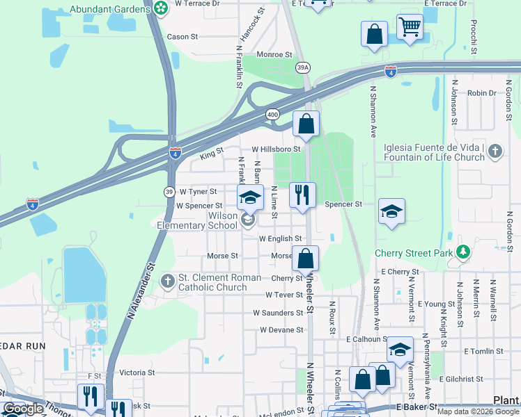 map of restaurants, bars, coffee shops, grocery stores, and more near 1604 North Barnes Street in Plant City