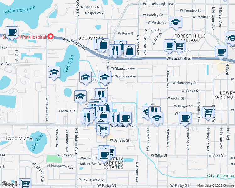 map of restaurants, bars, coffee shops, grocery stores, and more near 10 West Arctic Street in Tampa