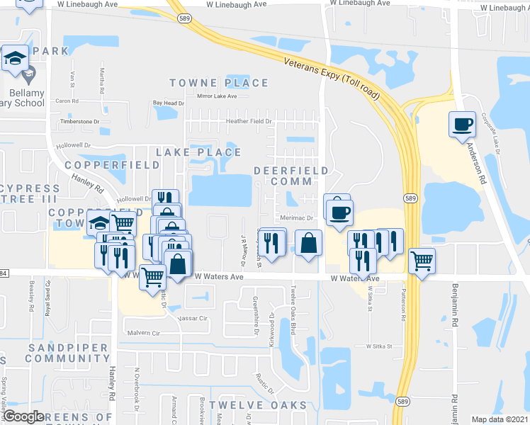 map of restaurants, bars, coffee shops, grocery stores, and more near 6607 Shining Sun Court in Tampa