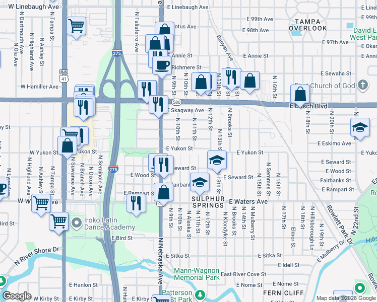 map of restaurants, bars, coffee shops, grocery stores, and more near 1033 East Yukon Street in Tampa