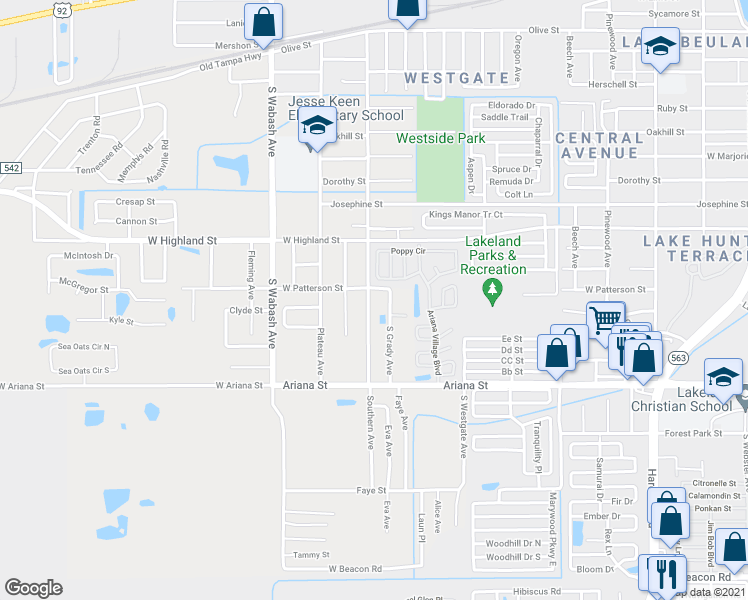 map of restaurants, bars, coffee shops, grocery stores, and more near 1108 Southern Avenue in Lakeland