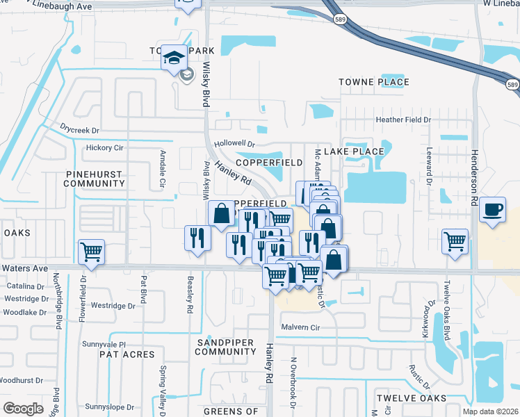 map of restaurants, bars, coffee shops, grocery stores, and more near 7522 Hollowell Dr in Tampa