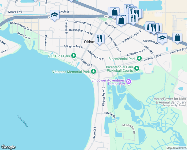 map of restaurants, bars, coffee shops, grocery stores, and more near 250 Shore Drive West in Oldsmar
