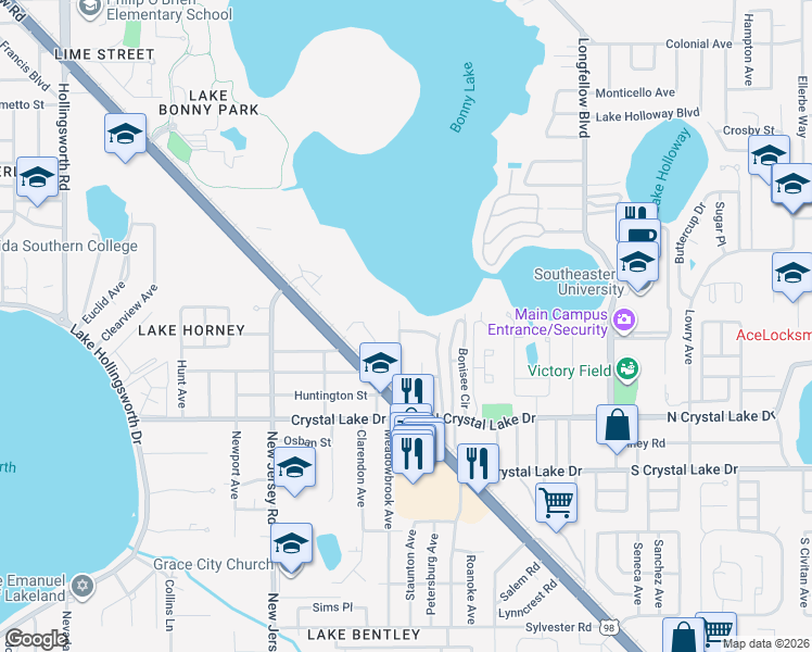 map of restaurants, bars, coffee shops, grocery stores, and more near 1836 North Crystal Lake Drive in Lakeland